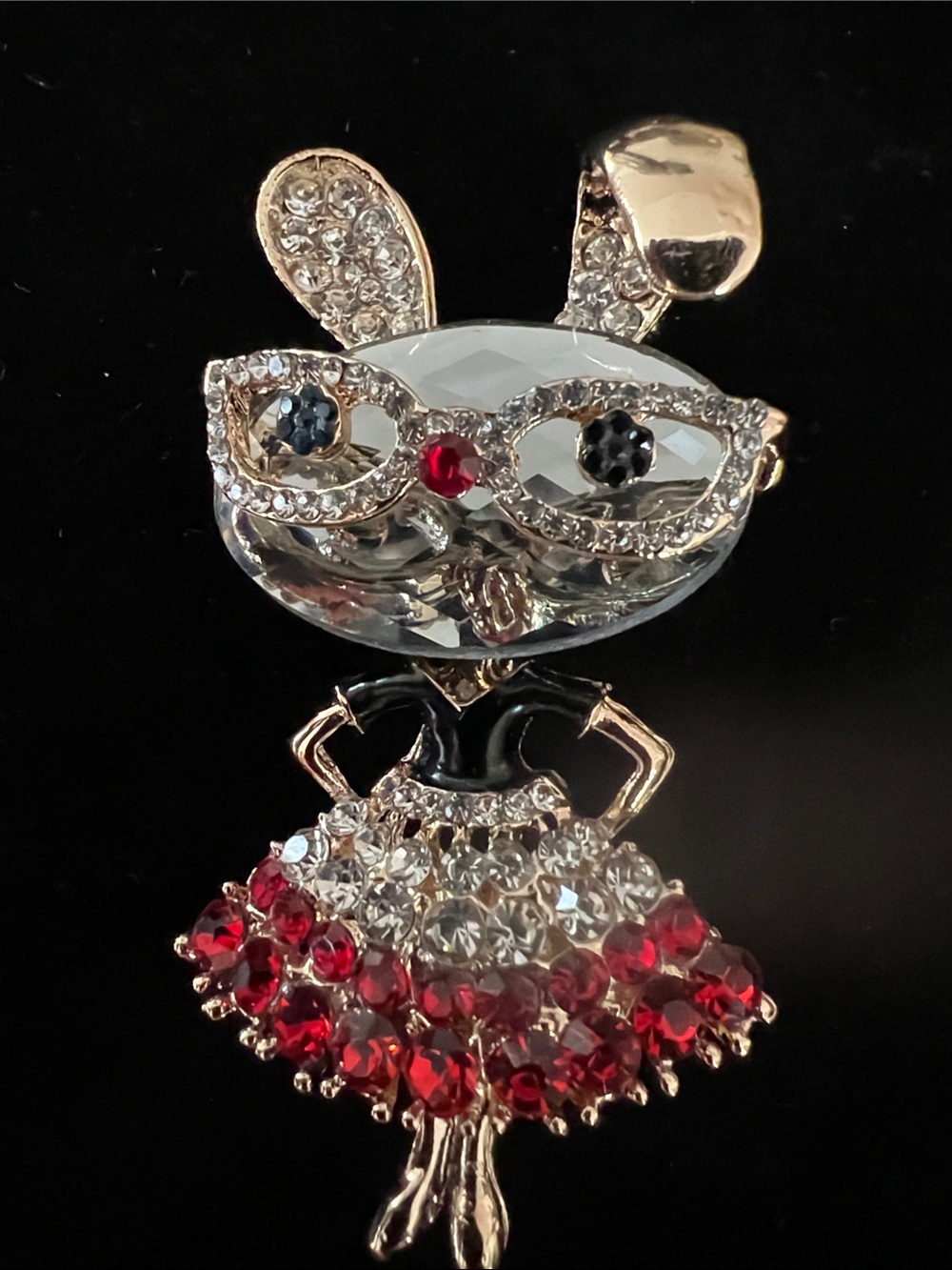 Crystal Bunny Pendant Necklace in Gold with Red and Clear Stones